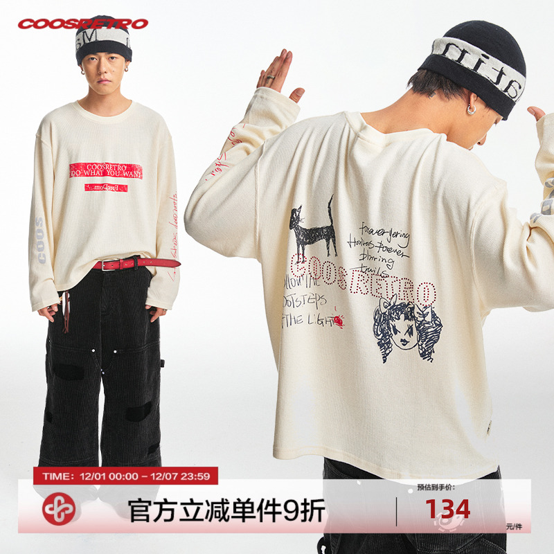 CoosRetro 《涂鸦》新款潮牌轻薄透气华夫格前后印花后背烫钻上衣