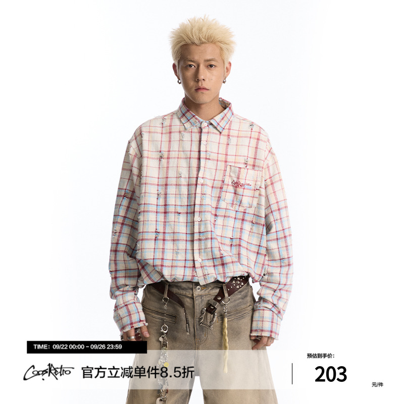CoosRetro美式复古格纹口袋刺绣水洗长袖衬衫男女夏百搭休闲外套