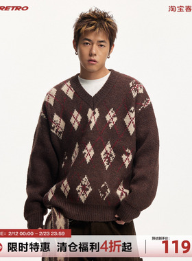 CoosRetro 秋冬男士V领复古菱形格子圣诞松弛感保暖休闲针织毛衣