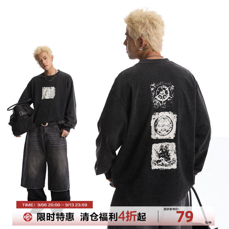 CoosRetro美式复古图案丝网印花水洗长袖T恤秋季情侣纯色潮流上衣