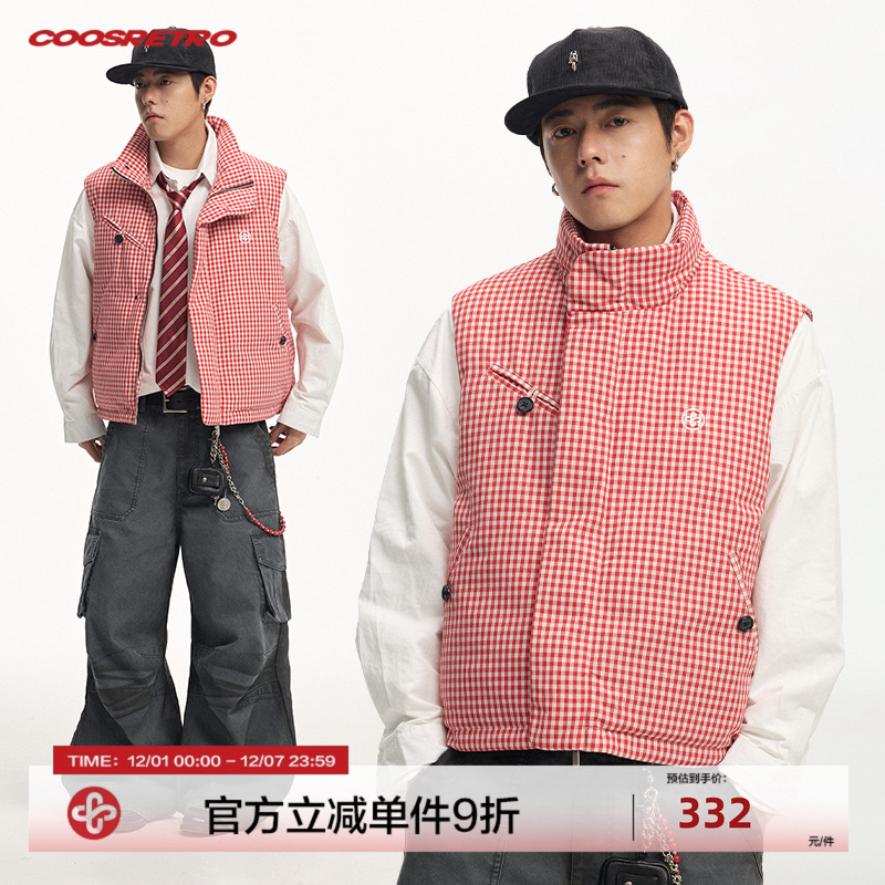 CoosRetro 冬季新款男士格纹logo刺绣多口袋羽绒休闲宽松保暖马甲