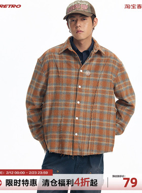 CoosRetro 美式春季潮流男士格子结构毛边破坏logo刺绣衬衫