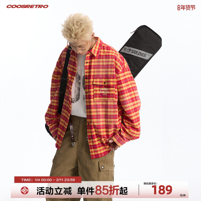 CoosRetro美式复古logo刺绣衬衫男女长袖格子百搭休闲开衫外套潮,男装,衬衫,淘宝优惠券,粉丝福利购,淘宝优惠卷