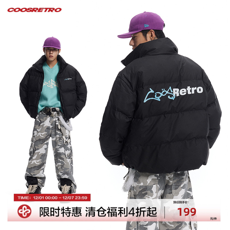 CoosRetro美式复古印花90白鸭绒皮衣羽绒服男女冬季立领面包服潮