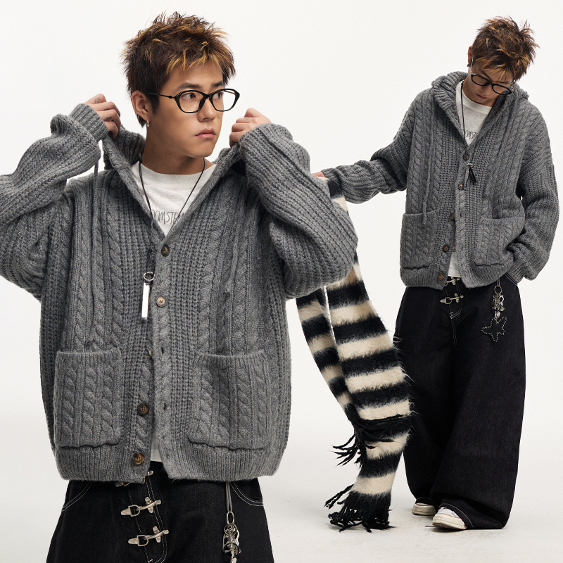 CoosRetro 老钱风设计感麻花辫针织衫秋男女复古连帽抽绳开衫毛衣