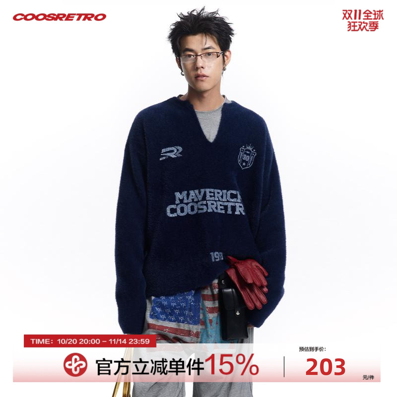 CoosRetro美式复古仿貂毛印花v领毛衣春秋潮流宽松针织衫外套男女