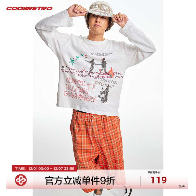 CoosRetro《旅途絮语》美式宽松透气男士烫钻印花长袖T恤上衣罩衫