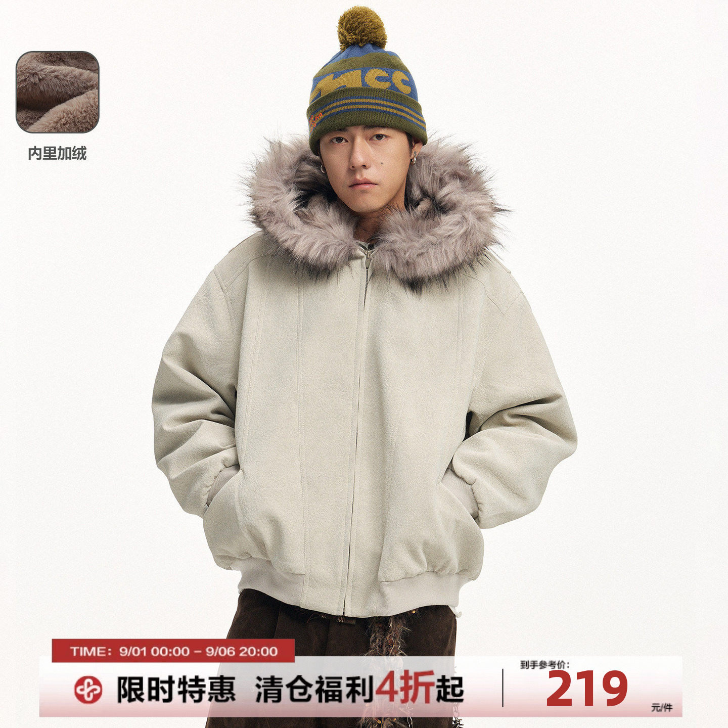 CoosRetro 冬季连帽男加绒内里保暖皮衣毛领开衫潮牌休闲棉衣外套图片
