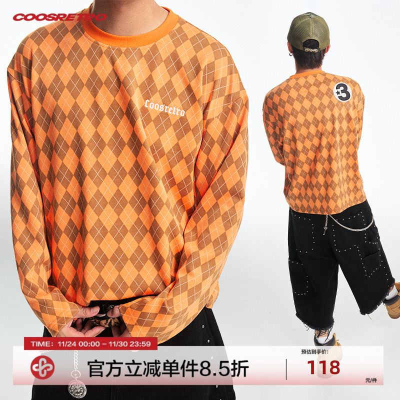 CoosRetro 《三星》英伦复古风男菱形格纹贴补绣休闲运动长袖T恤