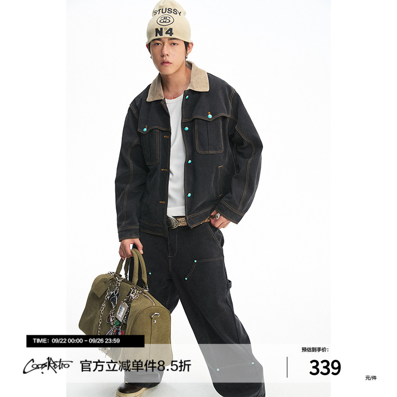 CoosRetro潮牌男高街机车风多口袋做旧工装夹克秋季新款牛仔外套