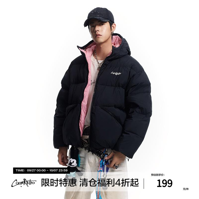 CoosRetro美式复古90白鸭绒logo刺绣连帽羽绒服情侣加厚面包服潮
