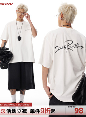 CoosRetro美式复古印花男生短袖T恤情侣潮牌夏季宽松纯棉白色上衣