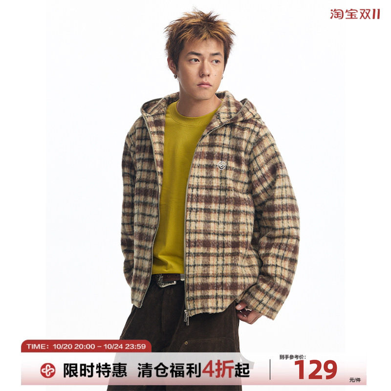 CoosRetro 美式秋季新款街头男毛呢格纹logo刺绣开衫拉链卫衣外套