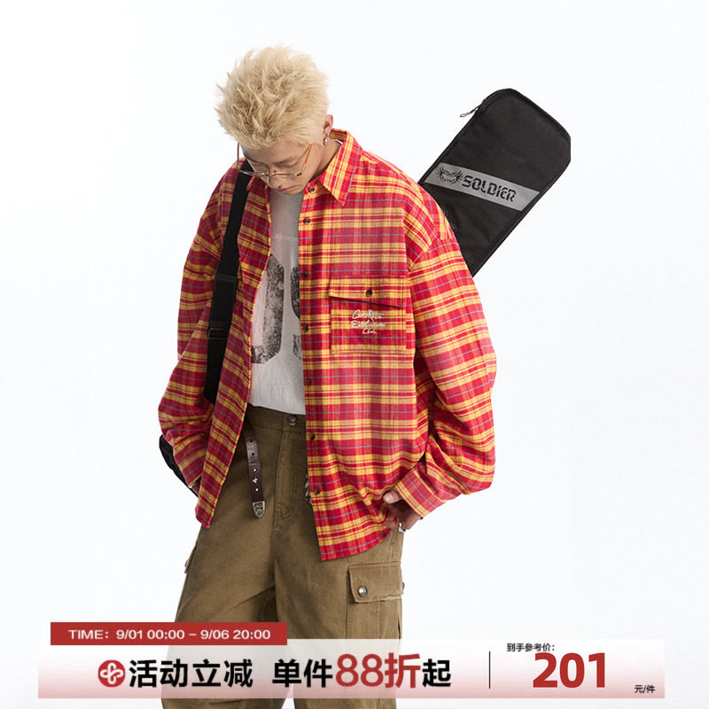 CoosRetro美式复古logo刺绣衬衫男女长袖格子百搭休闲开衫外套潮图片