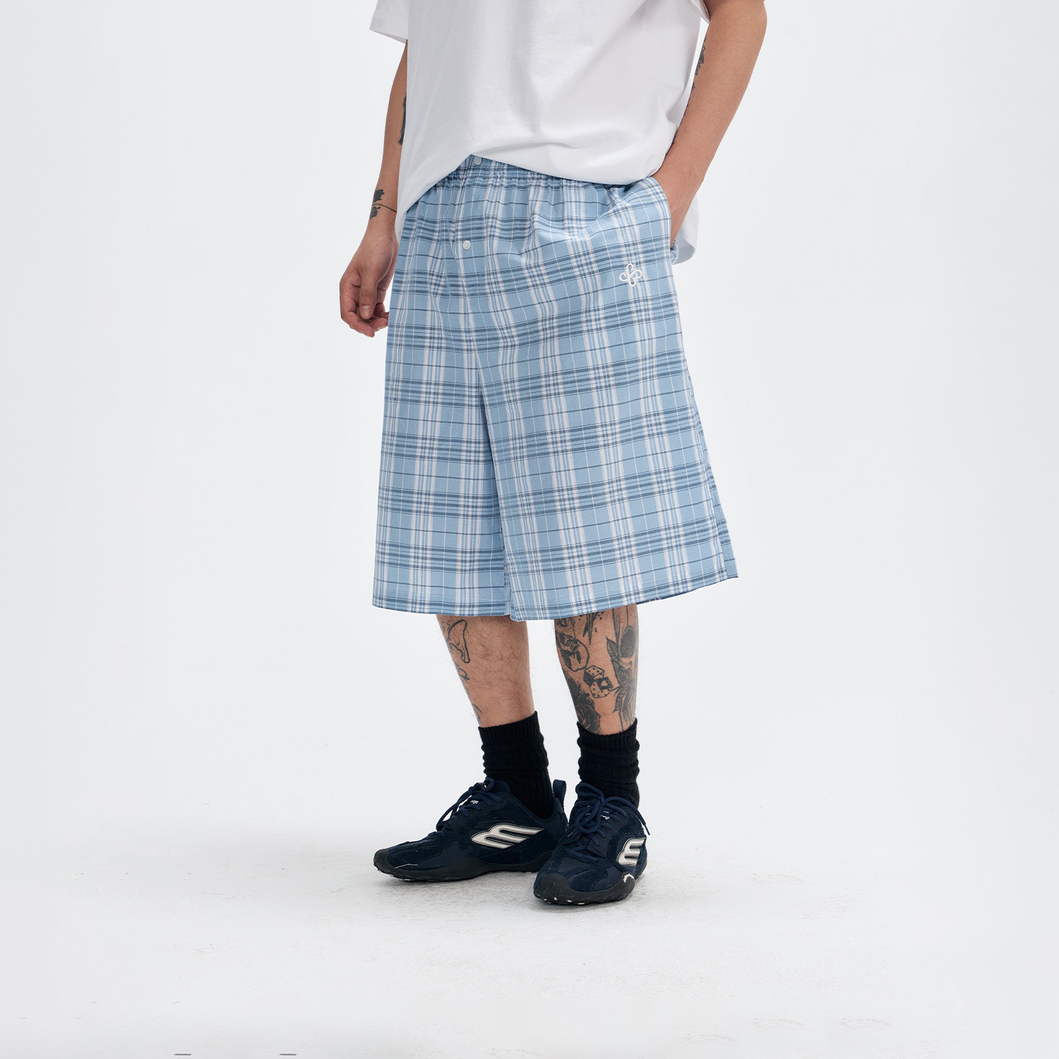 CoosRetro 美式复古格纹假门襟设计感休闲裤子男生宽松百搭七分裤