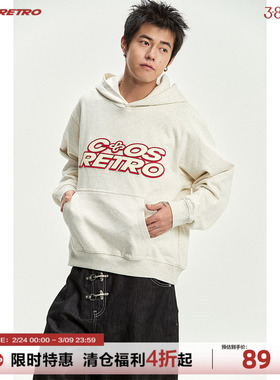 CoosRetro 美式潮牌春季男款毛毡布贴补绣撞色连帽大口袋宽松卫衣