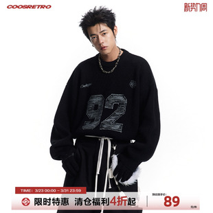 CoosRetro美式 数字胶印毛衣春秋男女宽松外套 复古圆领套头针织衫