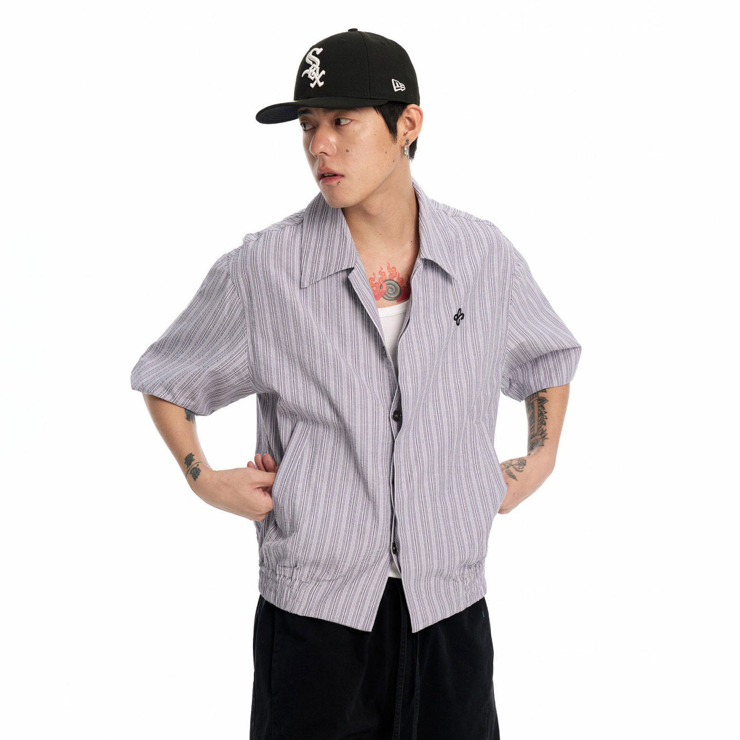 CoosRetro 美式复古条纹短袖衬衫男生夏季休闲衬衣潮宽松肌理上衣