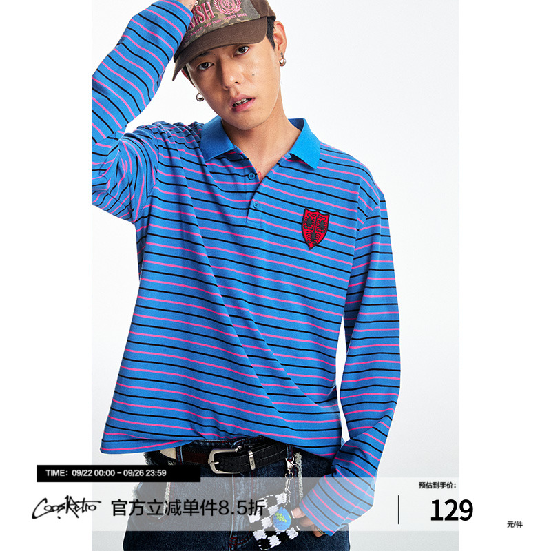 CoosRetro美式复古经典条纹撞色长袖T恤贴补绣宽松显瘦polo针织衫