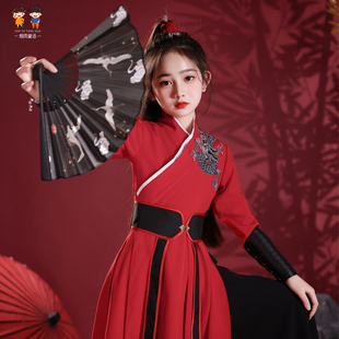 儿童国学汉服雪龙吟舞蹈演出服扇子舞三字经红色小书童壮志少年行