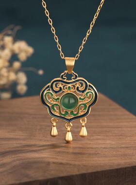 古法项链珐琅吊坠锁如意烧蓝风女复古旗袍链宫廷平安毛衣金长命潮