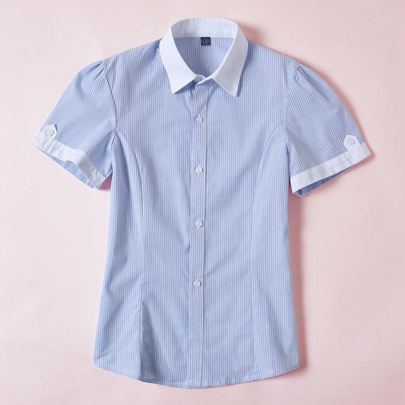 女生小学生衬衫制服女童短袖条纹衬衫英伦中大童纯棉蓝色衬衣校