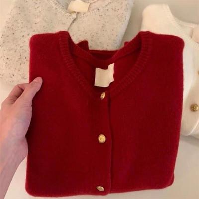 红色毛衣开衫外套女高级感2025新款宽松中长款针织韩系慵懒高级