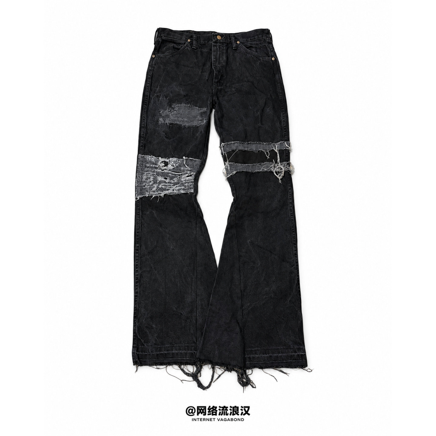 网络流浪汉 黑色破洞带饰毛边喇叭牛仔裤长裤复古街头风个性休闲