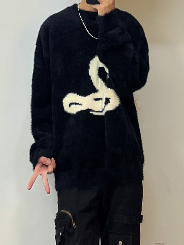 PIECEMEAL 黑色海马毛蛇图案毛衣小众设计宽松潮高街秋冬羊毛针织