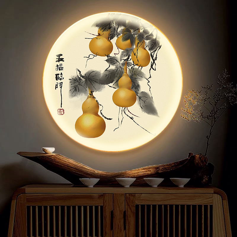 五福临门入户玄关装饰画新中式圆形灯画餐厅葫芦客厅挂画茶室壁画图片