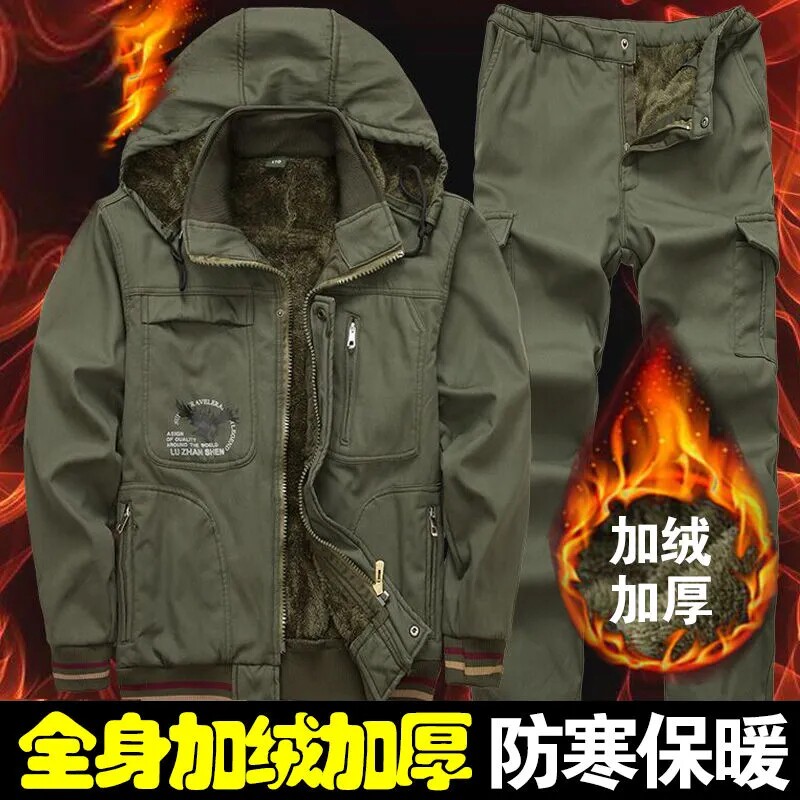冬季加绒工作服套装男迷彩服电焊厂服加厚保暖汽修工装纯棉劳保服