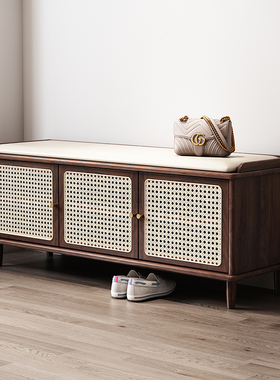 中古风实木换鞋凳家用门口复古藤编储物穿鞋凳一体入户可坐鞋柜