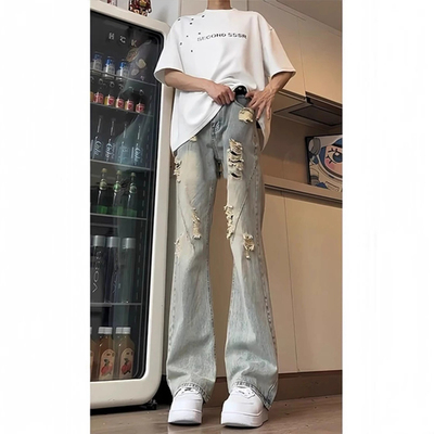 烟灰色微喇牛仔裤男夏季190高个子加长裤子美式高街窄版直筒裤薄