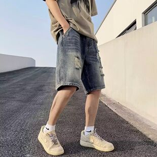 复古破洞毛边牛仔短裤男士夏季薄款宽松bf风阔腿水洗乞丐五分中裤