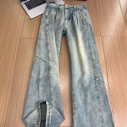 铆钉牛仔裤复古男生高级解构拼接裤子灰色美式微喇直高街筒裤弯刀