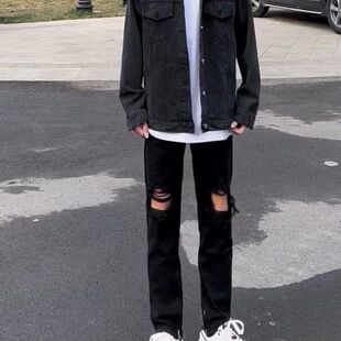 高街破洞牛仔裤黑色夏季显瘦直筒小脚复古hiphop超破乞丐裤男女潮