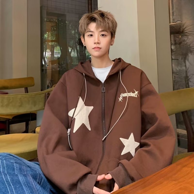 美式复古星星重磅开衫卫衣男款春秋季潮牌痞帅炸街高级感连帽外套