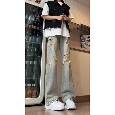 美式复古牛仔裤男夏季薄款破洞设计感裤子高街vibe直筒微喇裤做旧