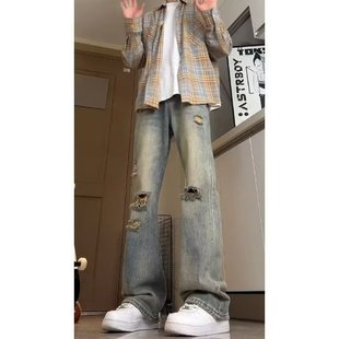 复古蓝破洞牛仔裤男高腰夏季古着vintage裤子美式vibe弯刀微喇裤