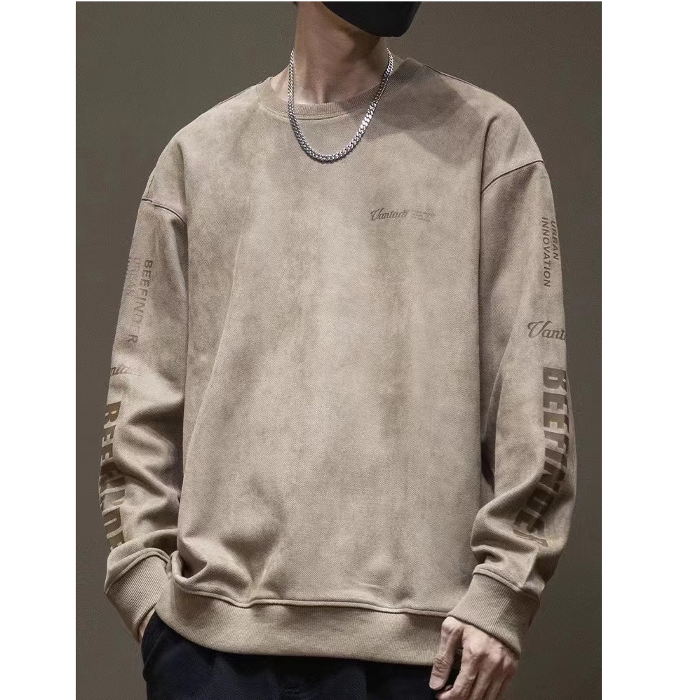 麂皮绒卫衣男款春秋季重磅宽松大码内搭上衣服男生圆领长袖打底衫
