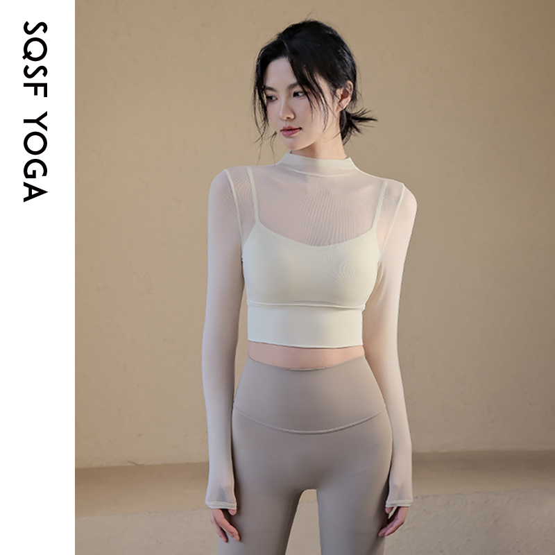 SQSF带胸垫性感网纱瑜伽服上衣女