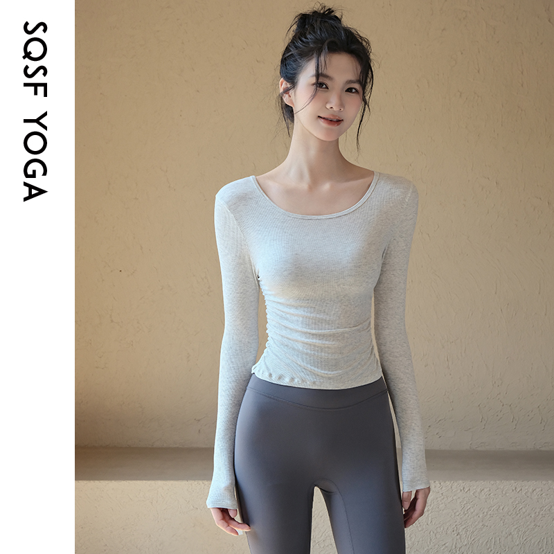 SQSF瑜伽服女春夏款紧身显瘦抽褶运动长袖普拉提跑步训练健身上衣