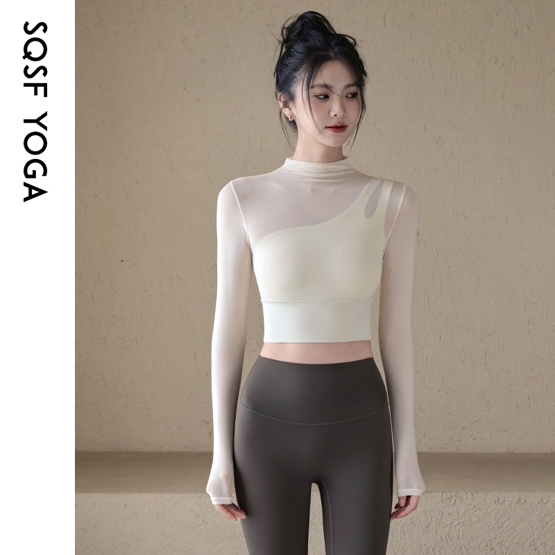 SQSF瑜伽服女秋冬新款网纱假两件运动上衣跑步训练带胸垫健身长袖