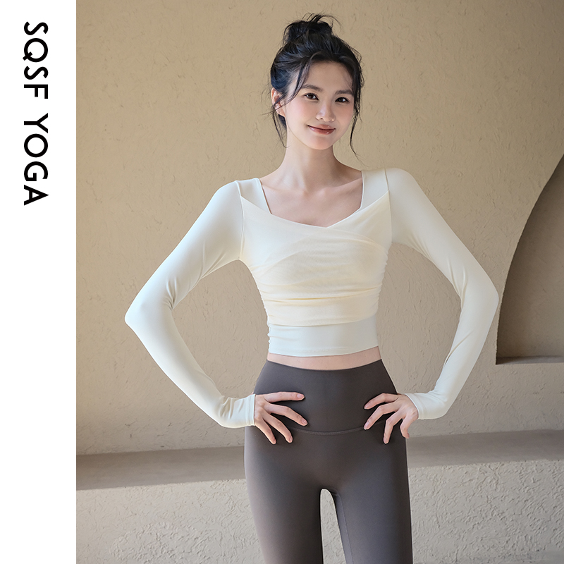 SQSF瑜伽服女秋冬新款网纱拼接速干运动上衣普拉提跑步训练健身服