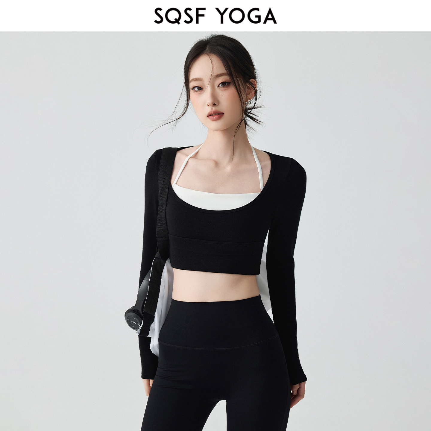 SQSF假两件瑜伽服女秋冬带胸垫挂脖运动上衣普拉提训练健身服套装