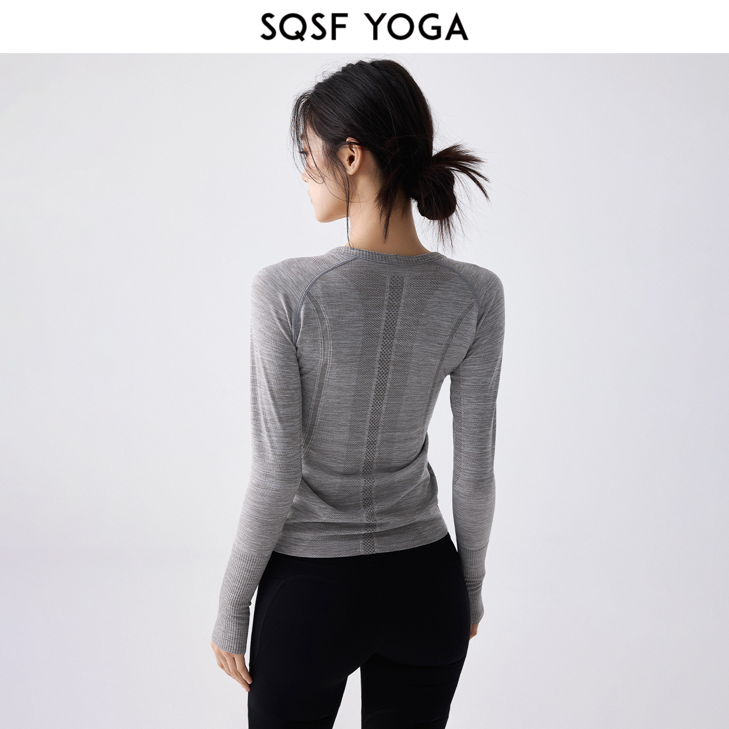 SQSF运动上衣女修身圆领长袖t恤跑步速干衣普拉提训练瑜伽健身服