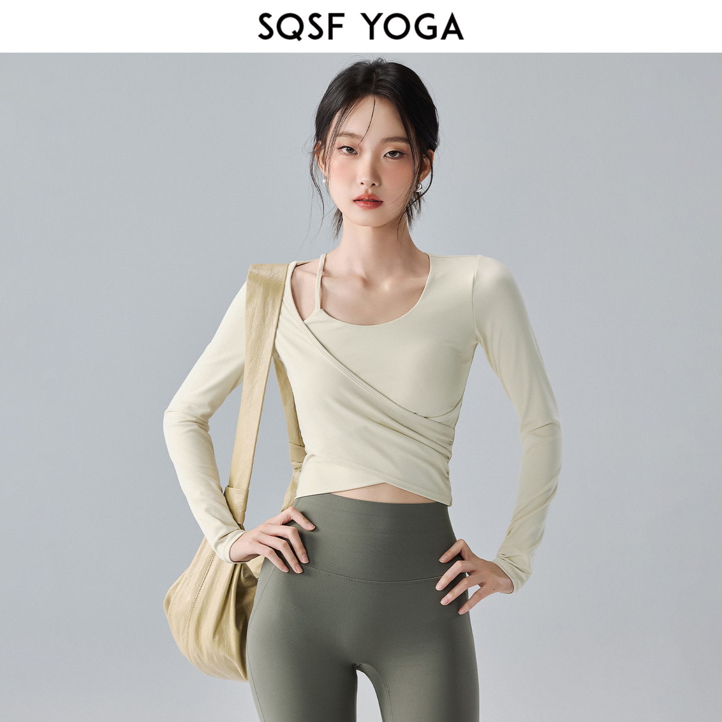 SQSF瑜伽服女新款假两件带胸垫运动上衣专业普拉提训练健身服长袖