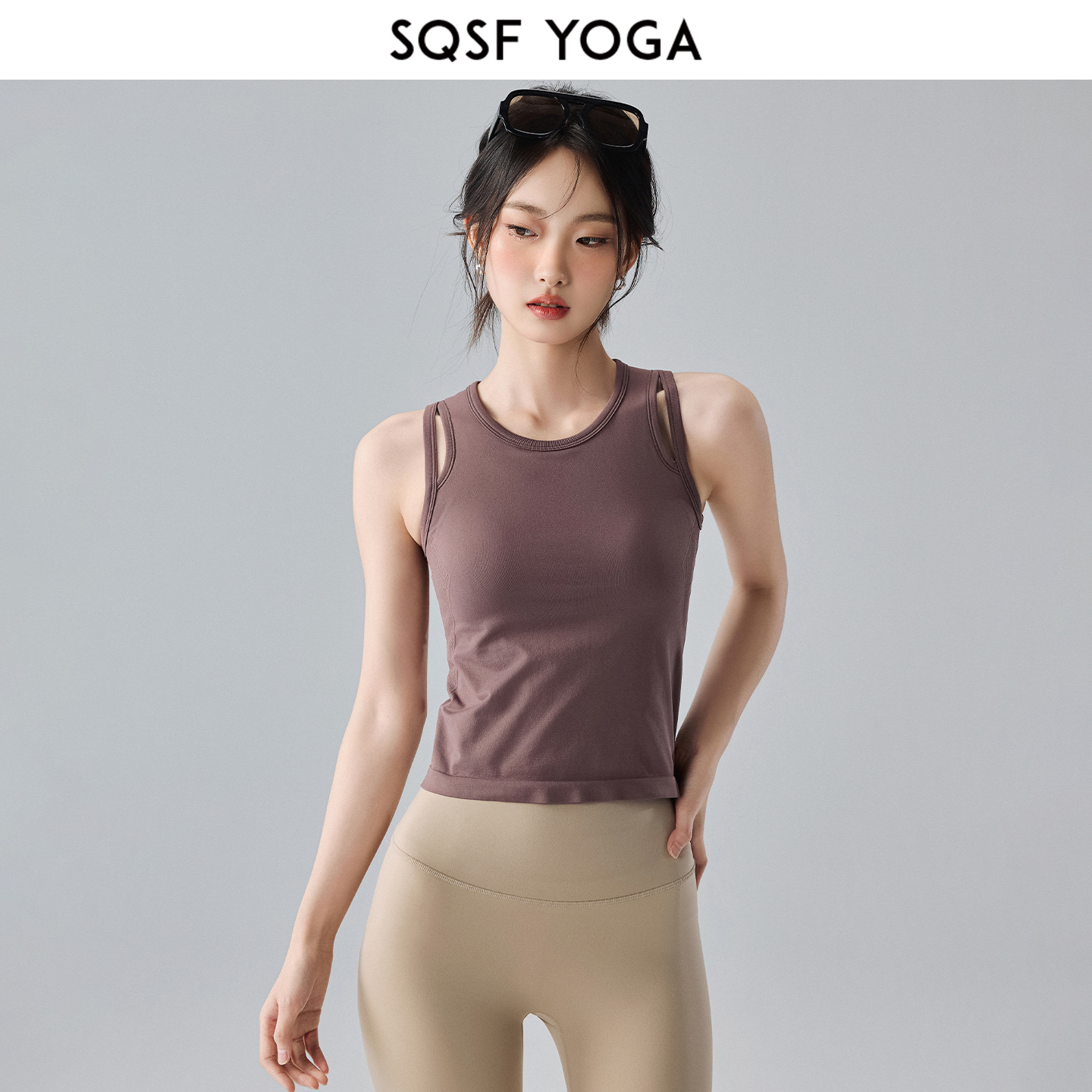 SQSF一体式运动背心女外穿防震聚拢瑜伽服跑步无袖带胸垫健身上衣