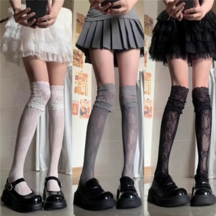蕾丝袜镂空花边过膝袜jk萝莉渔网黑灰白色长筒靴袜子洛丽塔Lolita