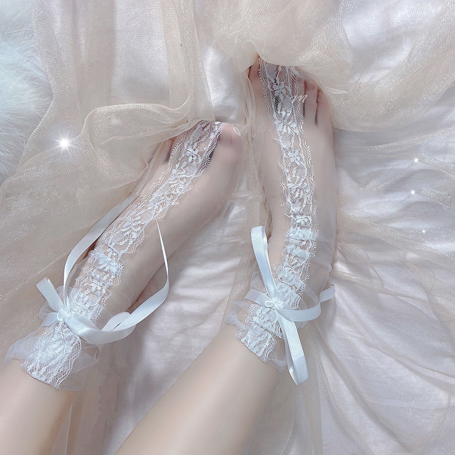 洛丽塔水晶玻璃蕾丝短筒袜子超薄透明网纱丝袜JK蝴蝶结绑带仙女袜